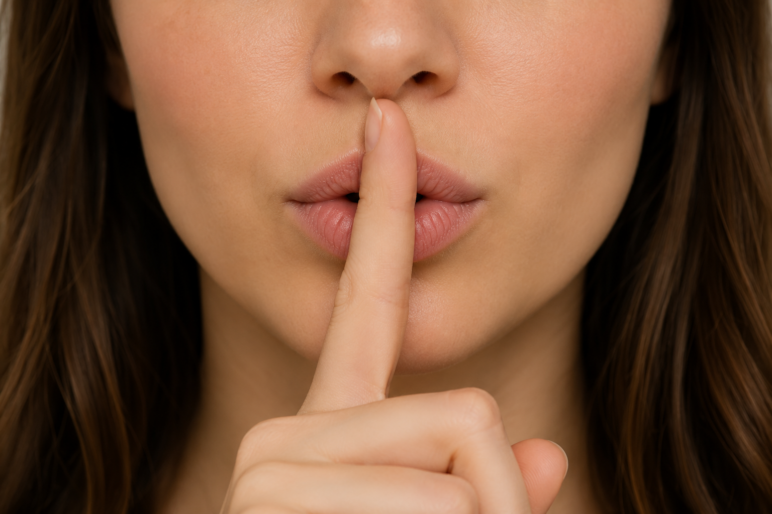Women holding her index finger to her lips in a shush sign